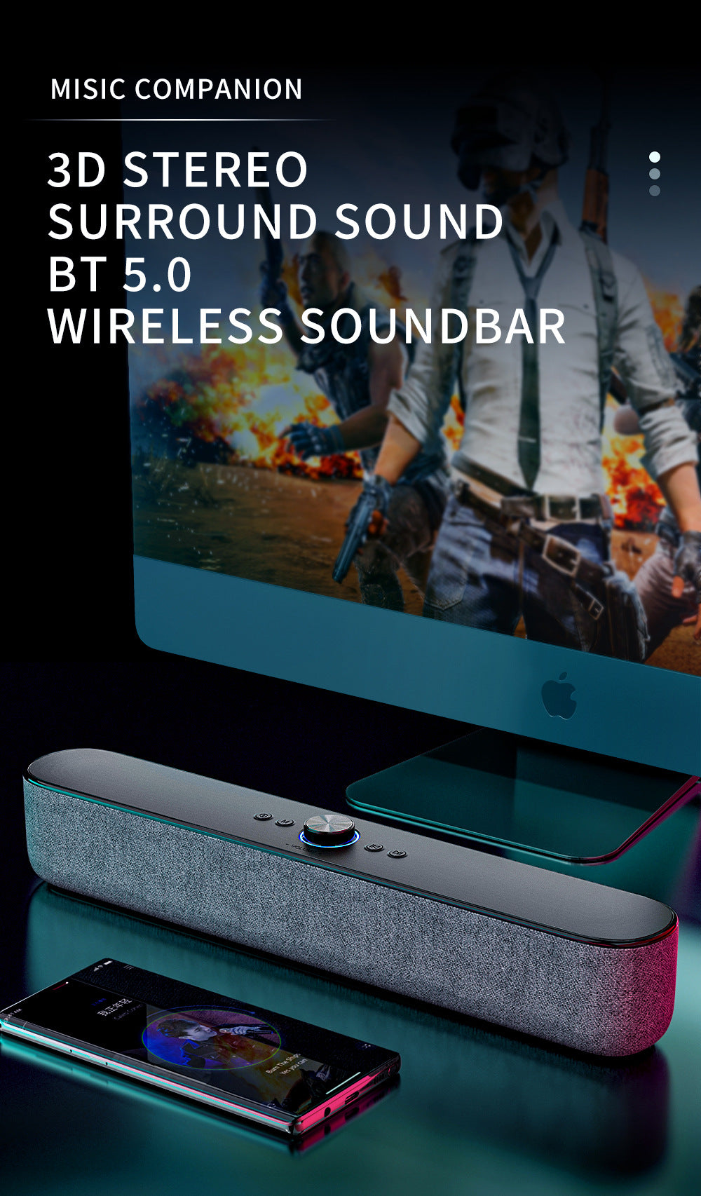 AVWOO A13 Wireless Bluetooth Speaker | Long Bar Design with Dual Speakers & Bass Radiator