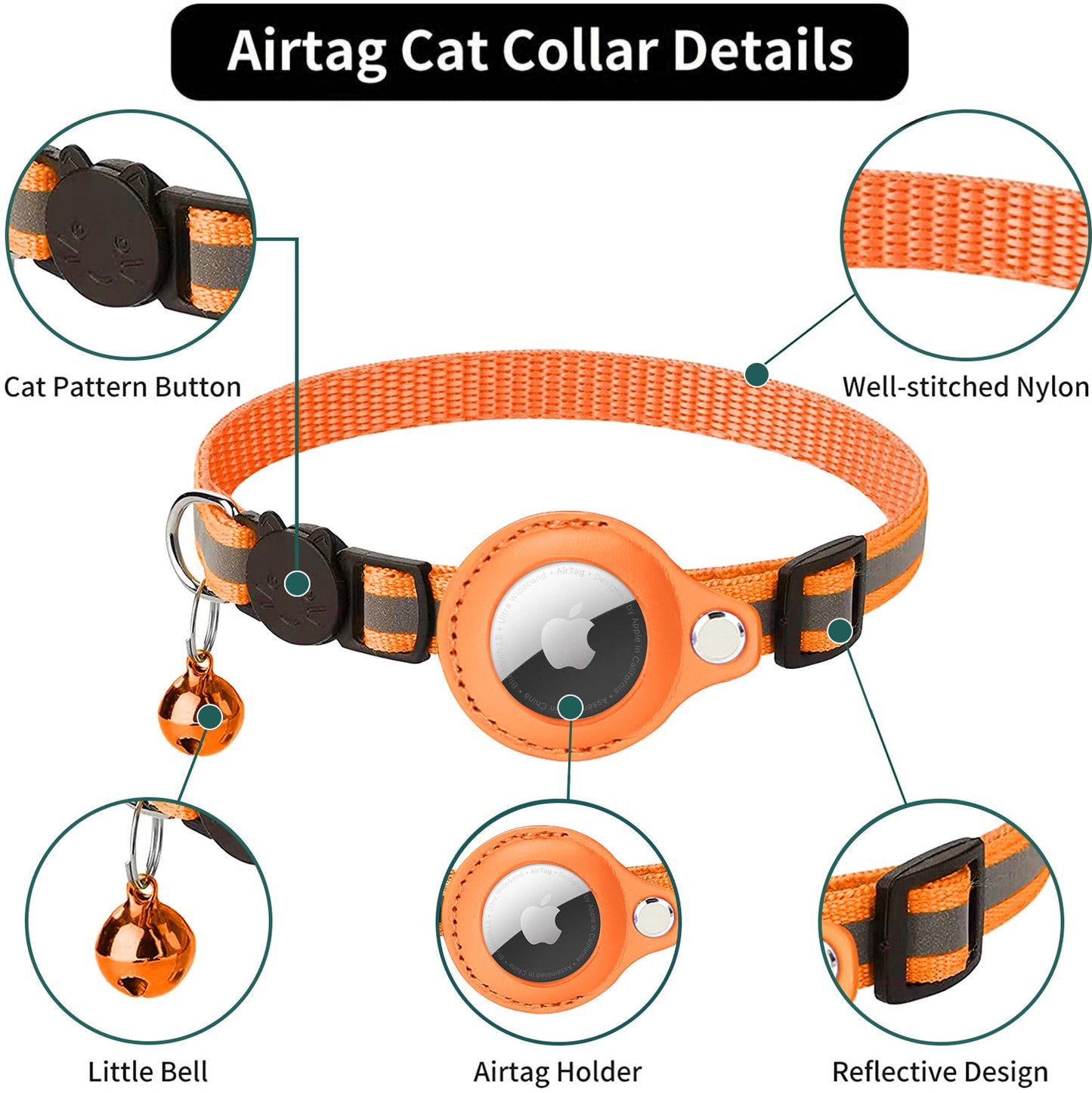 Reflective Pet Collar with Protective Sleeve for Apple AirTag Tracker