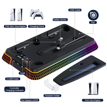 PS5 Slim/PS5/PS5 Pro Multi-Functional Cooling Stand with LED Charging Dock