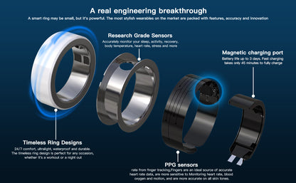 Smart Ring High-Tech Ring with Heart Rate, Blood Oxygen, Sleep Monitoring, Waterproof, Bluetooth Connectivity