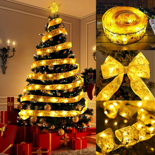 LED Ribbon Lights - Christmas Tree Decoration, Festive Ambiance with Colorful Double-Layer Foil Satin Ribbon Lights on Copper Wire