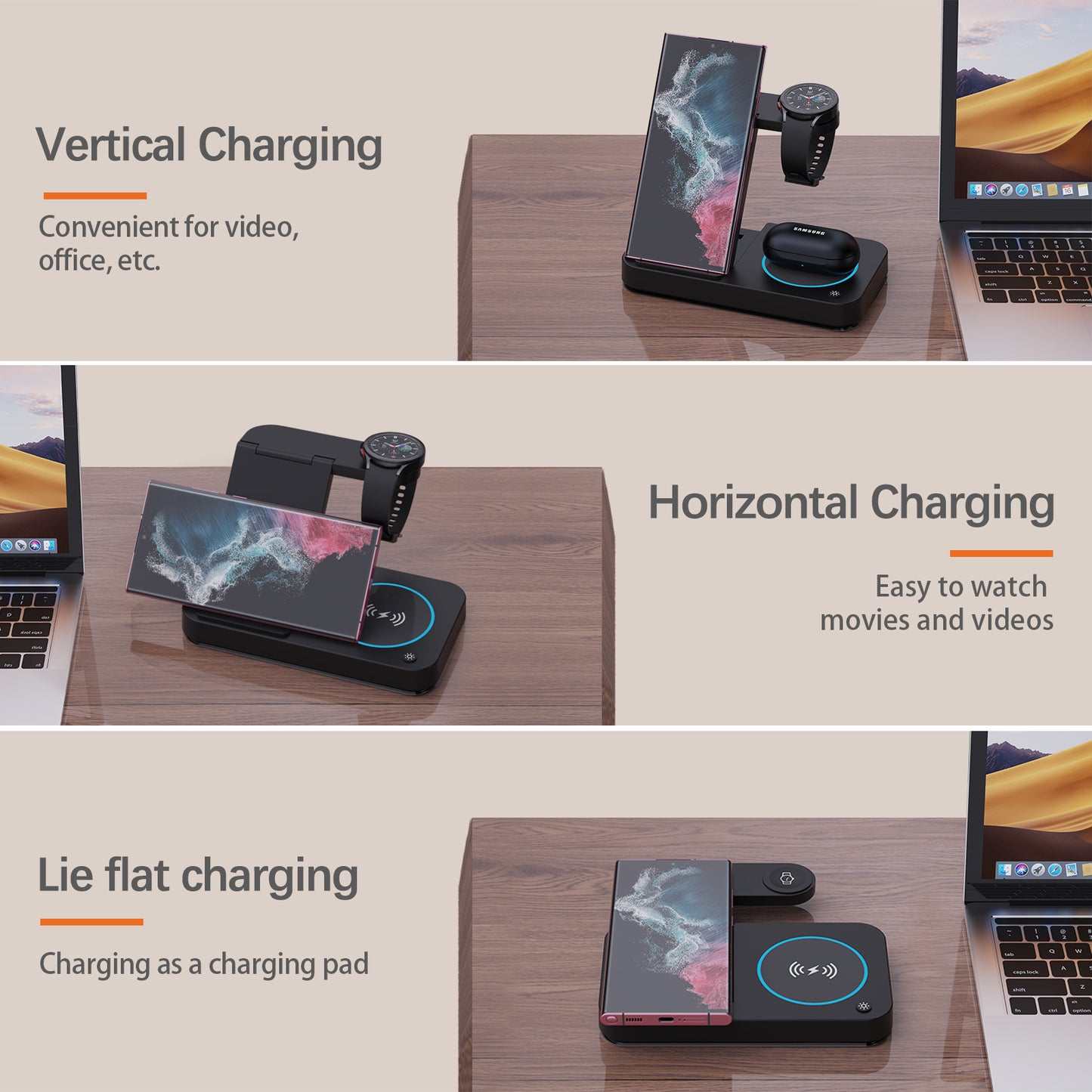 3-in-1 Wireless Charging Stand for Samsung Phones, Smartwatches, and Earphones - Foldable Charging Dock for Ultimate Convenience