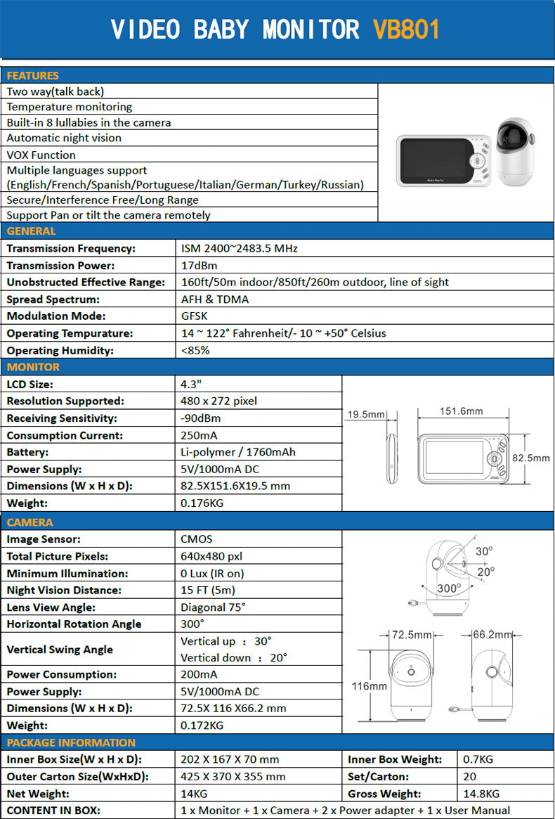 VB801 Wireless Baby Monitor Camera - Pan/Tilt Security Cam with Night Vision & Two-Way Audio 4.3 inches screen