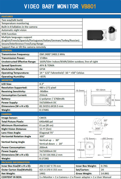 VB801 Wireless Baby Monitor Camera - Pan/Tilt Security Cam with Night Vision & Two-Way Audio 4.3 inches screen