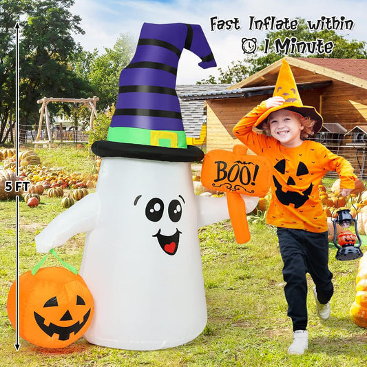 5-Foot Halloween Inflatable Ghost with Pumpkin Lantern – Cute Outdoor Yard Decoration