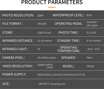 High-Definition Infrared Hunting Camera - 36MP Animal Camera Security Monitoring with 3 PIR Sensors