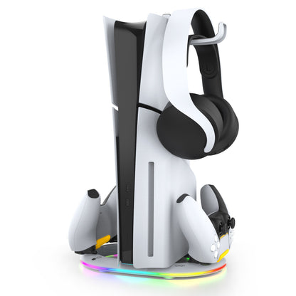 IPEGA PG-P5S045 PS5 Pro/Slim Stand with Dual Controller Charger, RGB Lighting, Headset Hook, and USB Expansion - White/Black