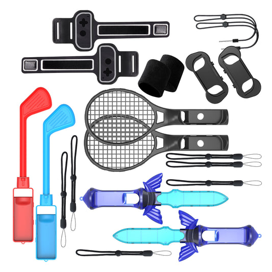 Switch 12-in-1 Sports Kit with Tennis Rackets, Golf Clubs, Leg Strap, Arm Band, Wrist Guards, Light Sword, and Grip Handles - Compatible with Nintendo Switch