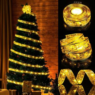 LED Ribbon Lights - Christmas Tree Decoration, Festive Ambiance with Colorful Double-Layer Foil Satin Ribbon Lights on Copper Wire