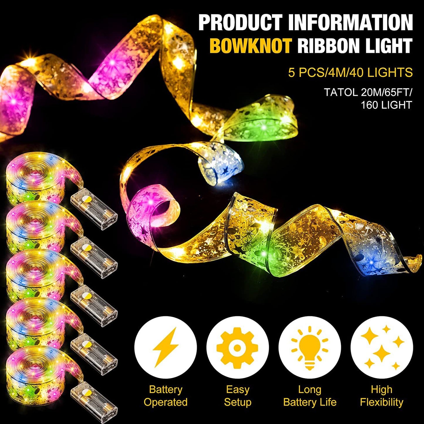 LED Ribbon Lights - Christmas Tree Decoration, Festive Ambiance with Colorful Double-Layer Foil Satin Ribbon Lights on Copper Wire