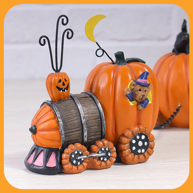 Halloween Resin Pumpkin Train Mini Ornament - Charming Holiday Decor Prop for Tabletops and Cabinets