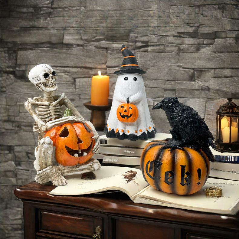 Halloween Ghost & Pumpkin Resin Figurines – Party Props & Decorations