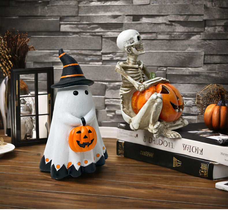 Halloween Ghost & Pumpkin Resin Figurines – Party Props & Decorations