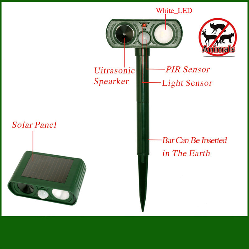 Solar Ultrasonic Animal Repeller with LED Flash, Dual Strike Drive for Rats, Snakes, Cats, Dogs, Insects, and Other Small Animals