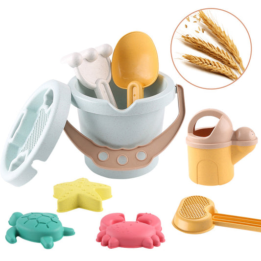 9-Piece Set of Thickened Wheat Straw Beach Toys for Children - Includes Beach Bucket, Digging Tools, and Sand Bucket Set