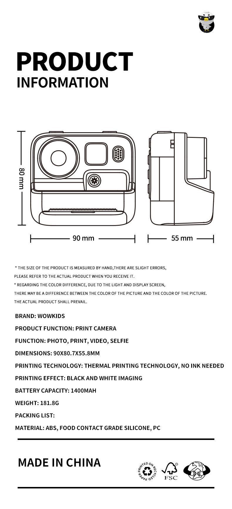 Instant Print Kids Camera with Thermal Printing Technology