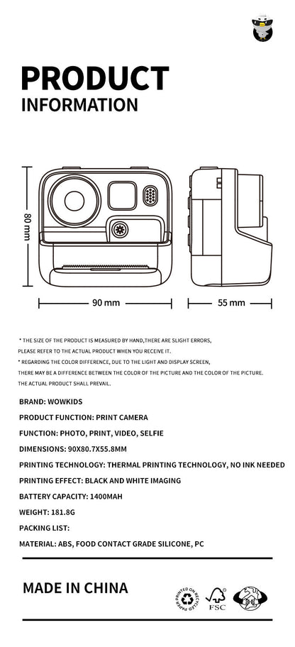 Instant Print Kids Camera with Thermal Printing Technology